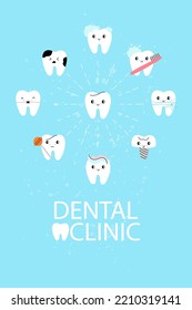 Teeth Background. Dental clinic horizontal texture with copy space, various healthy, with caries, cute tooth yellow, white enamel, toothbrush and toothpaste, dental floss, braces and denture. Vector