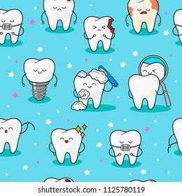 Teeth background .Seamless pattern with teeth, star elements. Vector baby illustration. Dental cute pattern. Fabric design for sleepwear