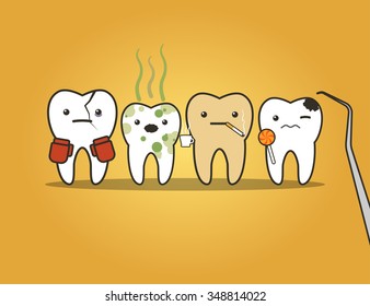 Teeth Bad Company. Concept Of Problematic Teeth. Funny Vector Illustration