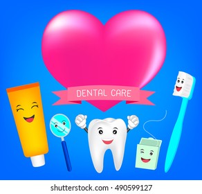 Teeth best friends with heart - tooth past, tooth brush mirror and floss.  Dental care concept for your design. Illustration for children dentistry and orthodontics. Cute characters.