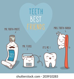 Teeth best friends - toothpast, toothbrush and floss. Vector illustration. Dental concept for children dentistry and orthodontics.