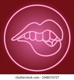 Teeth bite the lower lip, in the neon circle