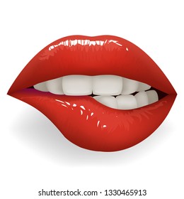 Teeth biting red glossy lips female mouth stylish women lipstick fashion cosmetics isolated mockup on white design vector illustration