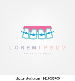 Teeth with braces. Alignment of bite of teeth, dental row with with braces, Dental braces. Vector illustration.