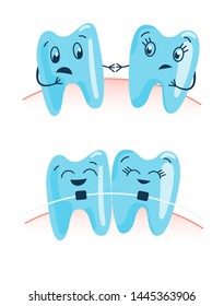 
Teeth. Braces. Children's illustration. For dentists. Poster in the dental clinic. Teeth as characters are drawn to each other. Healthy bite. Orthodontist's office.