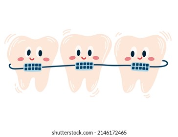 Teeth with braces. cute cartoon teeth with braces. Dental care. Perfect for printing pediatric dentistry and textbooks. Vector Hand draw illustration isolated on the white background. 