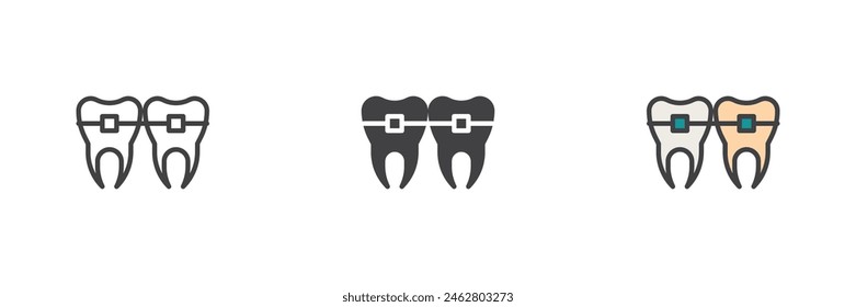 Dientes abrazaderas de diferentes estilos conjunto de iconos. Línea, glifo y contorno relleno versión colorida, contorno y Vector relleno signo. Símbolo de los tirantes dentales, ilustración del logotipo. Vector gráfico