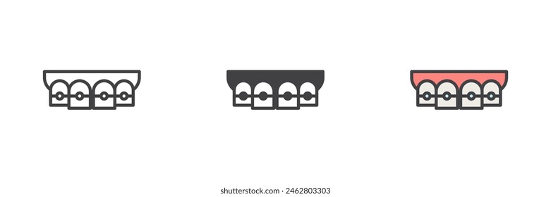 Teeth braces different style icon set. Line, glyph and filled outline colorful version, outline and filled vector sign. Orthodontic treatment symbol, logo illustration. Vector graphics