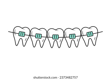 Teeth with braces in doodle style. Corrective Orthodontics. Dental care. Linear vector illustration.