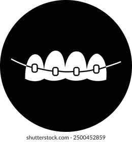 Teeth with braces flat Icon. Vintage illustration with dotted pop art on transparent background. Orthodontic treatment stages. Alignment of teeth and bite correction with the help of braces system.