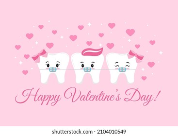 Teeth In Braces With Hearts And Sparkles. Happy Valentines Day Tooth With Bracket System For Dentist Greeting Card. Flat Design Cartoon Funny Dental Orthodontic Character Vector Illustration. 