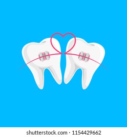 Teeth with braces icon design with heart line. Orthodontic braces flat icon for web and mobile, modern minimalistic flat design. Vector illustration isolated on blue background.