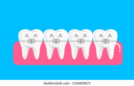 Teeth with braces icon design. Orthodontic braces flat icon for web and mobile, modern minimalistic flat design. Vector illustration isolated on blue background.