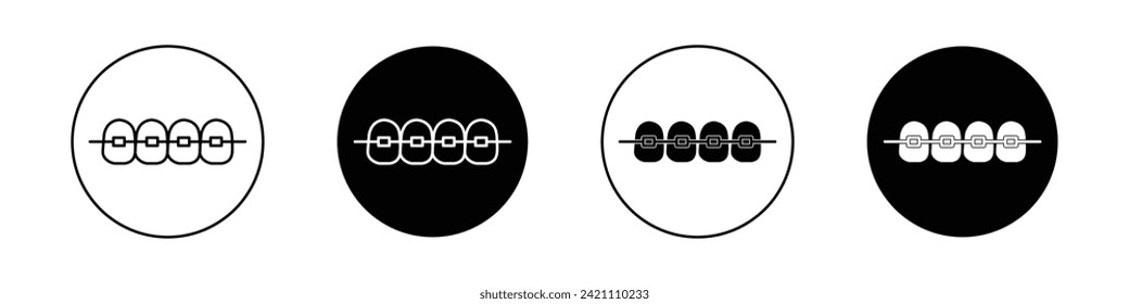 Zähne mit Klammern Symbol gesetzt. Zahnzahnspange Vektorsymbol in schwarz gefülltem und umrissenem Stil. Kieferorthopädische Korrektionsbehandlung