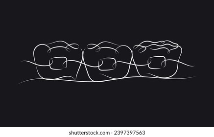 Dibujo de ilustraciones de dientes en un estilo lineal sobre fondo de color negro