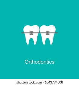 Teeth with braces image isolated on background. Orthodontic braces flat icon for web and mobile, modern minimalistic flat design. Vector illustration. Orthodontics logo.