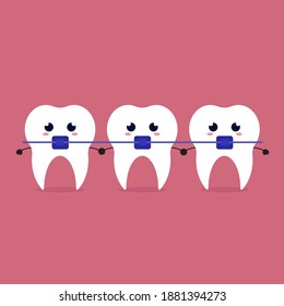 Teeth with braces in kawaii style.