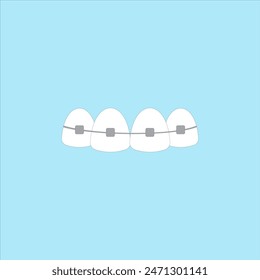 Teeth with braces on blue background. Dental braces vector illustration