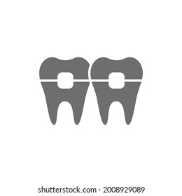 Teeth With Braces, Orthodontics, Brackets Grey Icon.