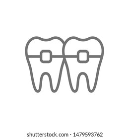 Teeth with braces, orthodontics, brackets line icon.