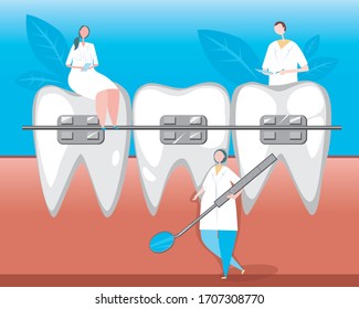 Teeth braces, orthodontist treatment. Flat vector stock illustration. Dentistry concept, braces installation, teeth alignment. Orthodontic illusion with braces and doctors, dentists