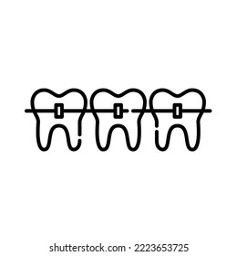 Teeth with braces. Orthodontist treatment. Pixel perfect, editable stroke icon