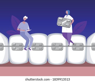 Teeth braces, orthodontists, dentists. Dental flat vector stock illustration. Metal braces, healthy teeth. Illustration with orthodontists, dentists, teeth, molars. Dental Braces Concept