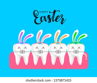 Teeth with braces and rabbit ear. Orthodontic braces in Easter concept. Vector illustration isolated on blue background.