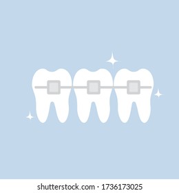 Teeth with braces. Smiling mouth with tongue and healthy teeth. Smile. Dentistry concept. Cute vector illustration in flat style.