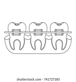 teeth with braces and tooth root view monochrome silhouette vector illustration