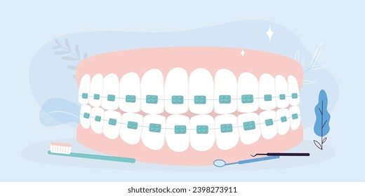 Teeth with braces upper and lower jaw. Alignment of the bite of teeth, dentition with braces, dental braces and tools. Medical banner. Oral care. flat vector illustration