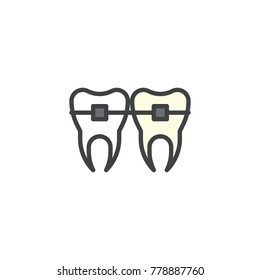 Teeth with brackets filled outline icon, line vector sign, linear colorful pictogram isolated on white. Orthodontic treatment symbol, logo illustration. Pixel perfect vector graphics