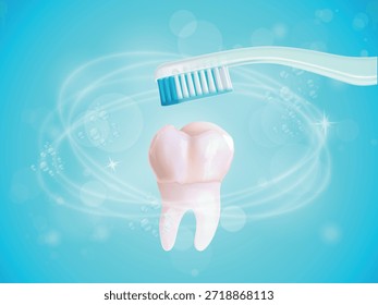 Anuncio del cepillo de dientes. Concepto de cuidado dental de cepillado de dientes realista 3D, el cepillo de dientes limpia los dientes Higiene oral Blanqueamiento Odontología Publicidad Ilustración vectorial de fondo médico