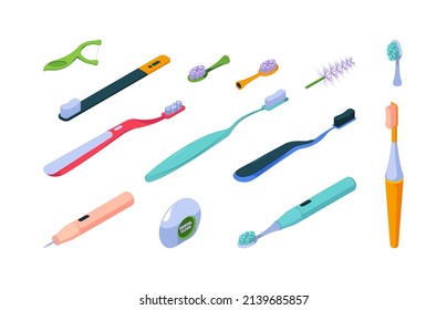 Teeth brush. Medical hygiene for teeth items for dental care cleaning mouth garish vector isometric illustration set