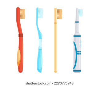 Teeth brushes set. Oral Care equipment, medical and dentistry healthcare. Vector illustration in cartoon style isolated on white background.