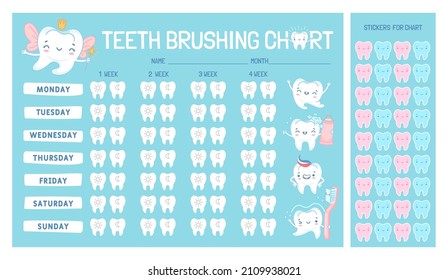 Teeth brushing chart calendar for kids with cartoon character. Cute tooth fairy, brush and paste. Children dental care vector infographic. Stickers for morning and evening hygiene check