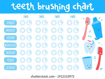 Teeth brushing chart. Incentive sheet, child dental poster. Hand drawn vector lettering with funny cute cartoon characters. Healthcare and protection teeth concept.