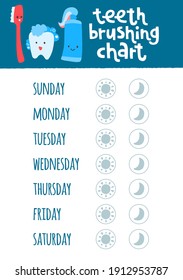 Teeth brushing chart. Incentive sheet, child dental poster. Hand drawn vector lettering with funny cute cartoon characters. Healthcare and protection teeth concept.
