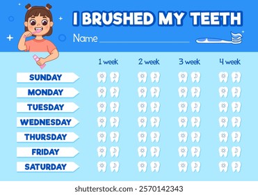 Teeth brushing chart. Incentive sheet, child dental poster. Girl in pajamas brushing teeth with toothbrush and toothpaste. Healthcare and protection teeth concept. Cute cartoon style illustration.