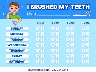 Teeth brushing chart. Incentive sheet, child dental poster. Boy in pajamas brushing teeth with toothbrush and toothpaste. Healthcare and protection teeth concept. Cute cartoon style illustration.