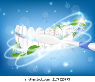 Bromeos de dientes. Cepillo de dientes limpiando dientes blancos sanos. Procedimiento estomatológico, salud oral. Protección dental, prevención de caries, servicio de clínica dental, rutina de higiene. Banner vectorial 3d realista