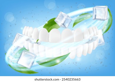 Teeth brushing. Toothbrush cleaning white healthy teeth. Stomatological procedure, oral health. Tooth protection, caries prevention dental clinic service, hygiene routine. Realistic 3d vector banner