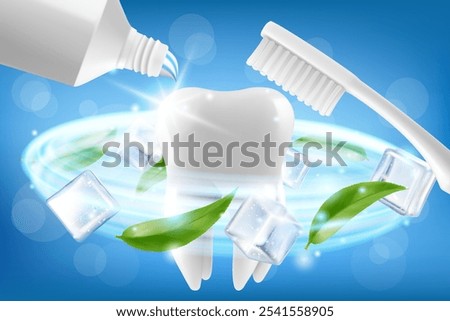 Teeth brushing. Toothbrush cleans the white healthy tooth. Stomatological procedure, oral health. Tooth protection, caries prevention dental clinic service, hygiene routine. Realistic 3d vector banner