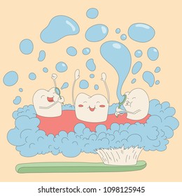 Teeth are brushing. Vector illustration for children dentistry and orthodontics. Cute teeth characters.