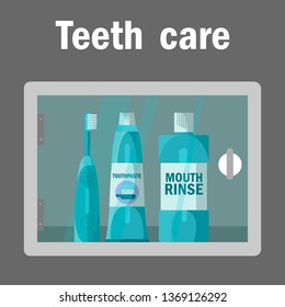 Teeth Care Accessories Flat Vector Banner Concept. Oral Cavity Hygiene Poster. Mechanical Toothbrush, Toothpaste, Mouthwash Illustration with Typography. Dental Disease Prevention, Mouth Sanitation