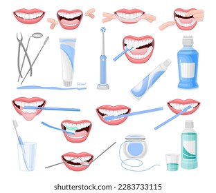 Teeth Care and Brushing Procedure Instruction Big Vector Set