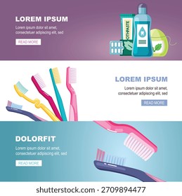 teeth care items. oral tooth routine banner, Toothbrush, Toothpaste, Floss, healthy smile every day. vector cartoon banners set.