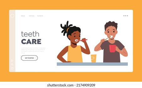 Teeth Care Landing Page Template. Children Morning Routine, Kids Brushing Teeth, African Girl and Caucasian Boy Characters with Toothbrush Dental Hygiene Procedure. Cartoon People Vector Illustration