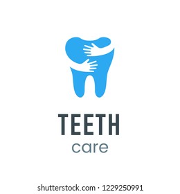 Teeth care logo sign vector illustration. Dentist and stomatology logotype template. Hugging tooth symbol. Unique emblem design isolated on white