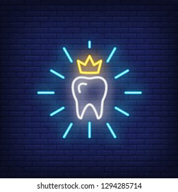 Teeth care neon sign. Luminous signboard with tooth and crown. Night bright advertisement. Vector illustration in neon style for dentistry, healthcare service, teeth whitening